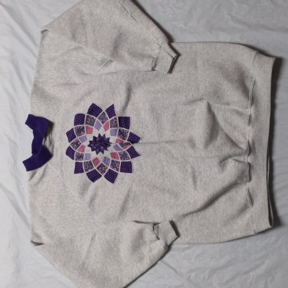 Vintage Grannycore Cottagecore Quilt Design Crewneck Sweatshirt Sz XXL Grey